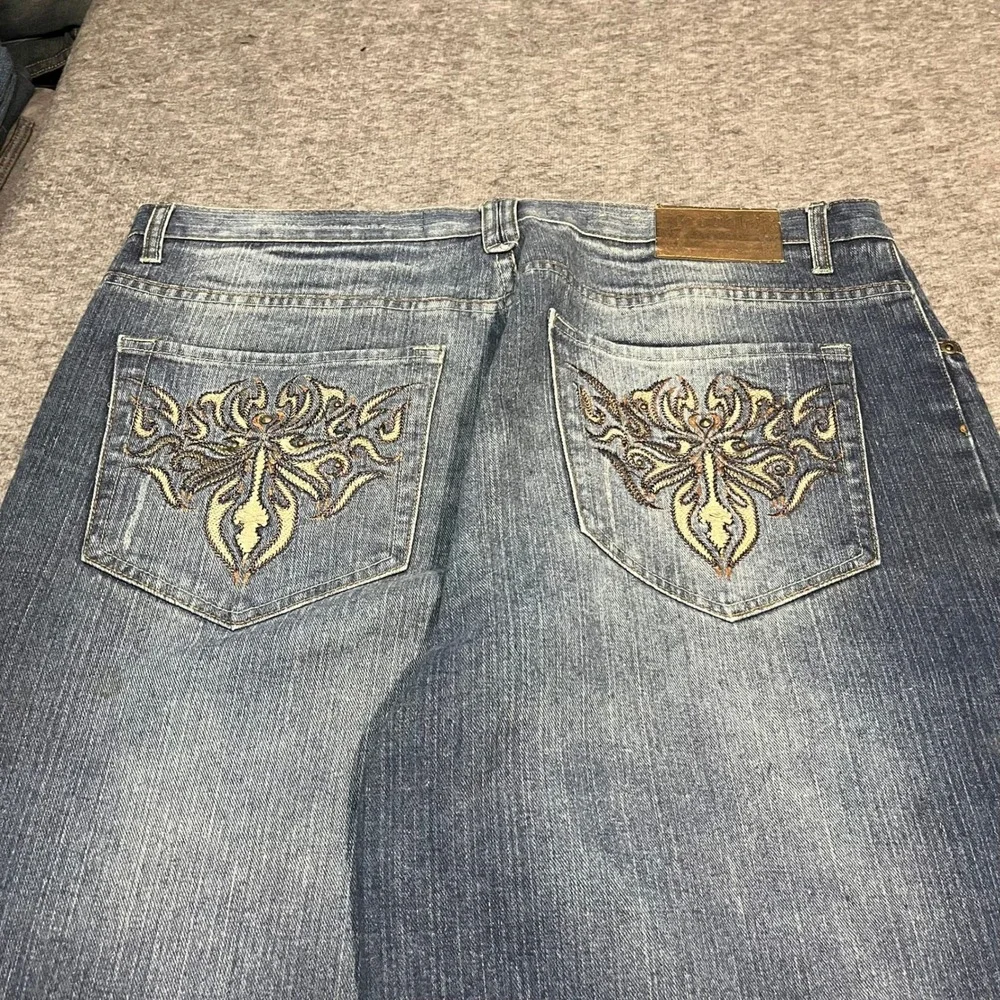 Brooklyn Xpress Mens Baggy Wide Leg Embroidered Jeans Blue 40x34 Y2K Streetwear